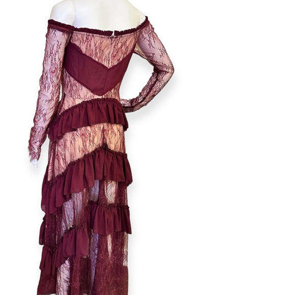 Vintage style Red Ruffles Mesh Patchwork Maxi Dress - Picture 2 of 8